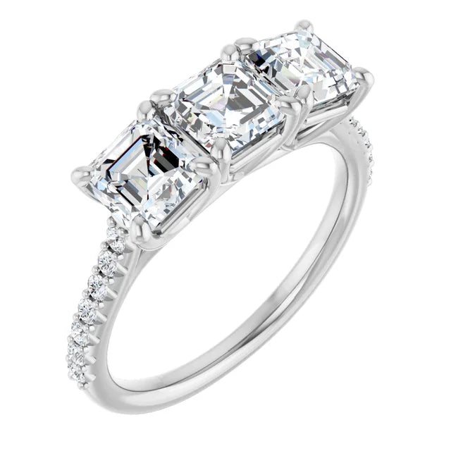 Asscher White Gold Tri Stone Lab Diamonds Engagement Ring 