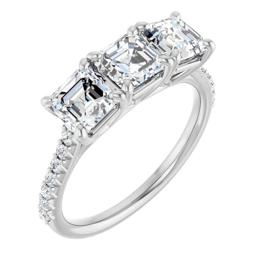 Asscher White Gold Tri Stone Lab Diamonds Engagement Ring 
