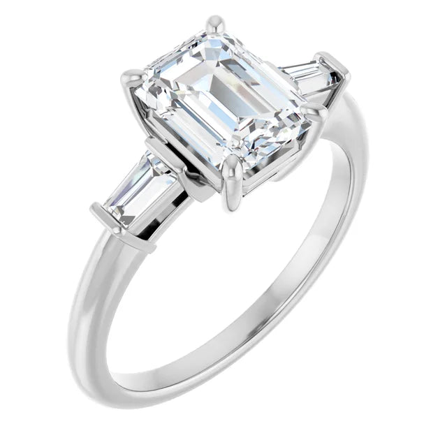 Emerald White Gold Baguette Accent Lab Diamond Engagement Ring 
