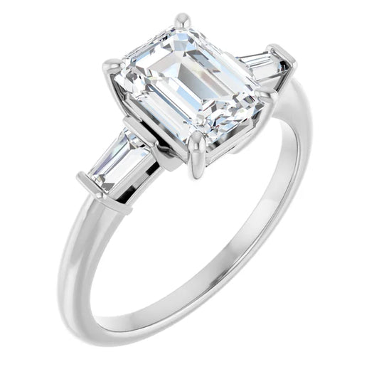 Emerald White Gold Baguette Accent Lab Diamond Engagement Ring 