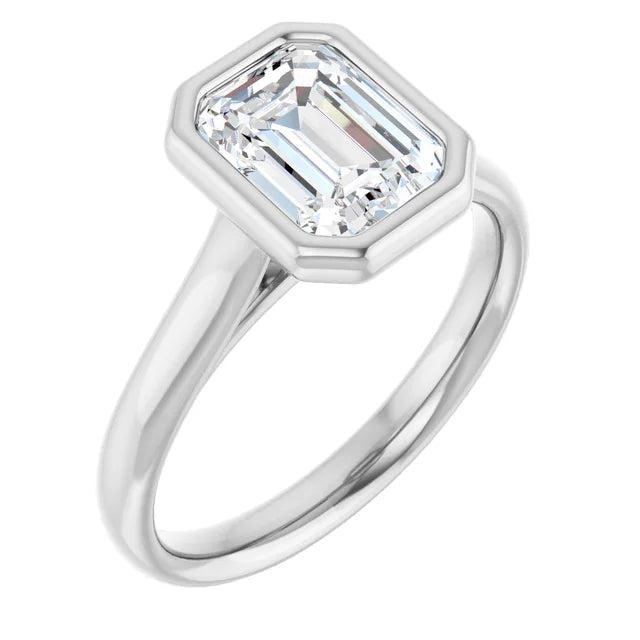 Emerald White Gold Bezel Solitaire Lab Diamond Engagement Ring 