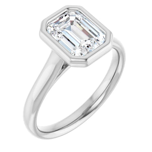 Emerald White Gold Bezel Solitaire Lab Diamond Engagement Ring 