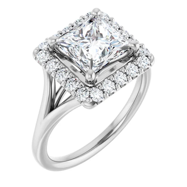 Princess White Gold Halo Solitaire Split Band Lab Diamond Engagement Ring 