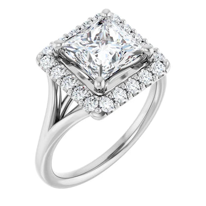 Princess White Gold Halo Solitaire Split Band Lab Diamond Engagement Ring 