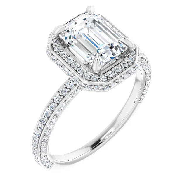 Emerald White Gold Halo Pave Style Lab Diamond Engagement Ring 