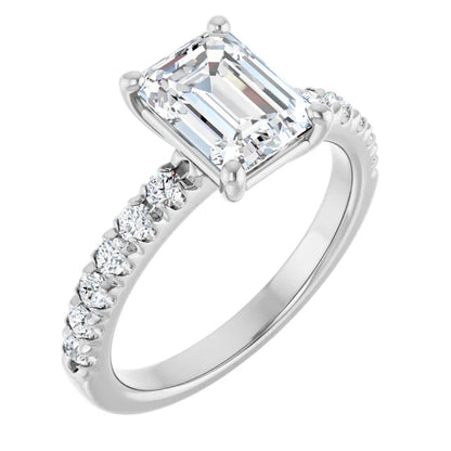 Emerald Four Claw Pave White Gold Engagement Ring 