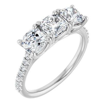 Cushion White Gold Tri Stone Lab Diamonds Engagement Ring 