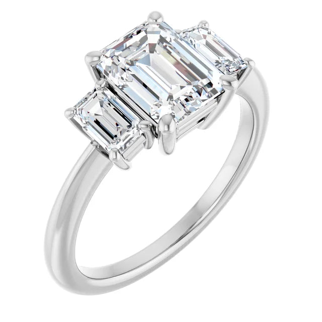 Emerald White Gold Tri Stone Lab Diamond Engagement Ring