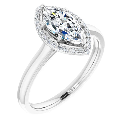 Marquise Halo Solitaire Lab Diamond Engagement Ring White Gold. 