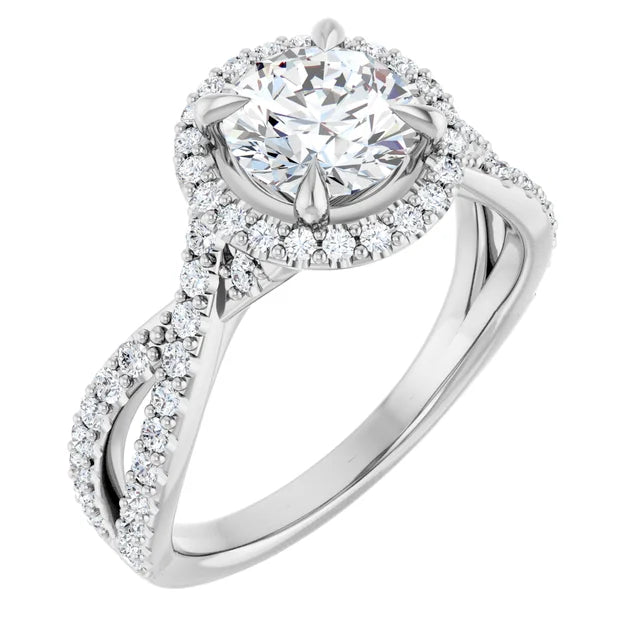 Round Brilliant White Gold Twist Band Halo Lab Diamond Engagement Ring  