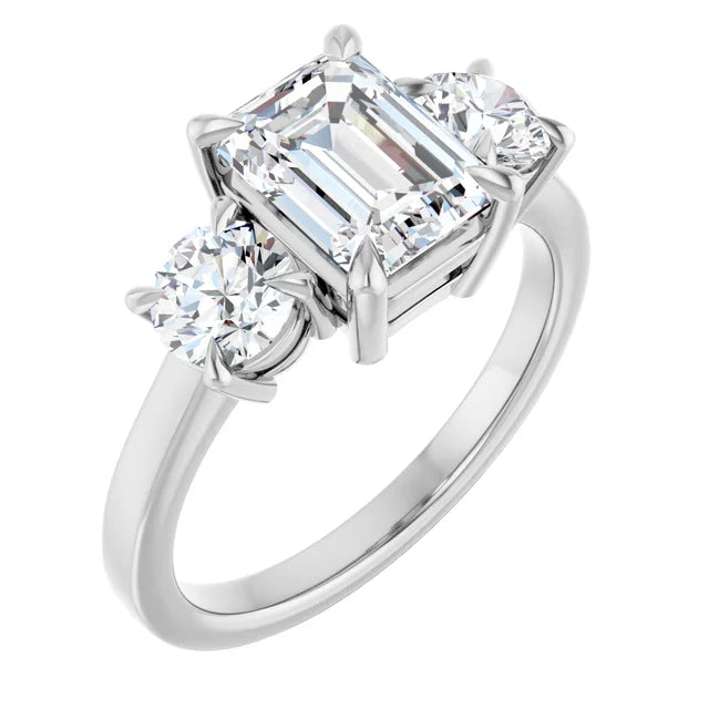 Emerald White Gold Tri Stone Lab Diamond Engagement Ring 