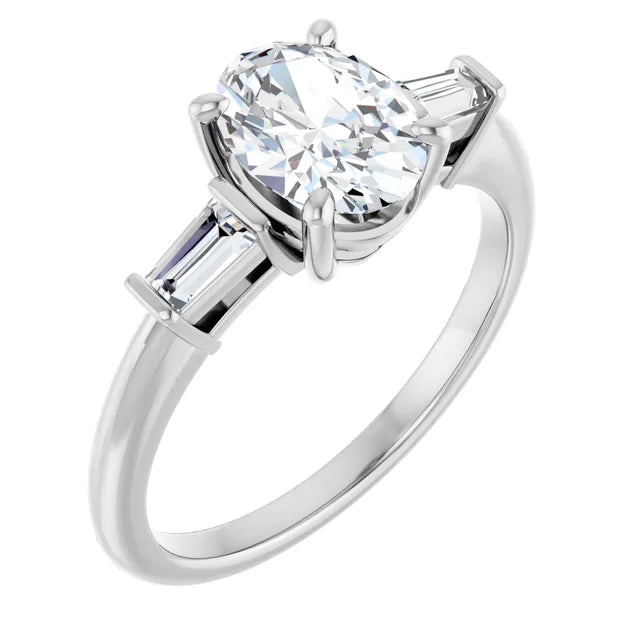 Oval White Gold Baguette Accent Lab Diamond Engagement Ring