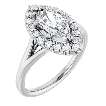 Marquise White Gold Halo Solitaire Split Band Lab Diamond Engagement Ring 