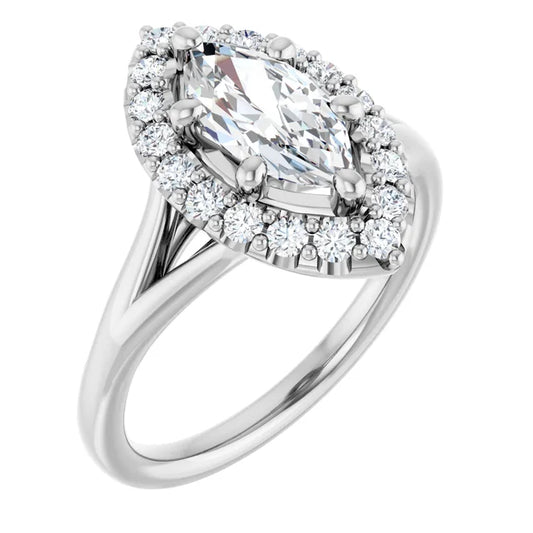 Marquise White Gold Halo Solitaire Split Band Lab Diamond Engagement Ring 