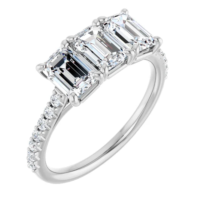 Emerald White Gold Tri Stone Lab Diamonds Engagement Ring 