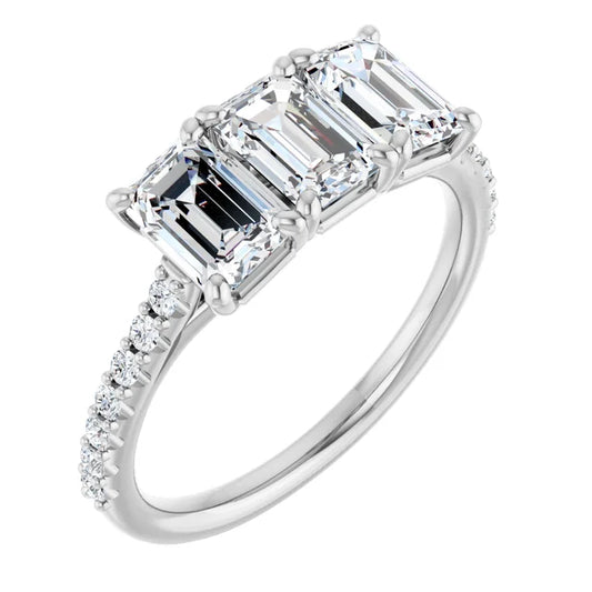Emerald White Gold Tri Stone Lab Diamonds Engagement Ring 