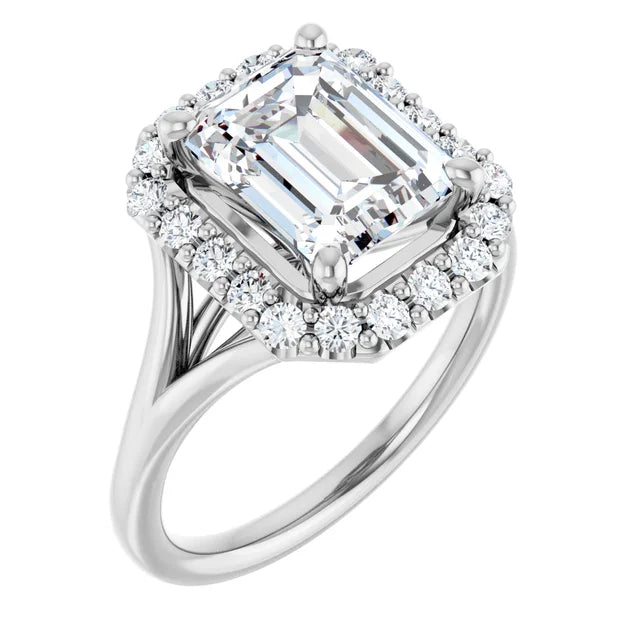 Emerald White Gold Halo Solitaire Split Band Lab Diamond Engagement Ring 