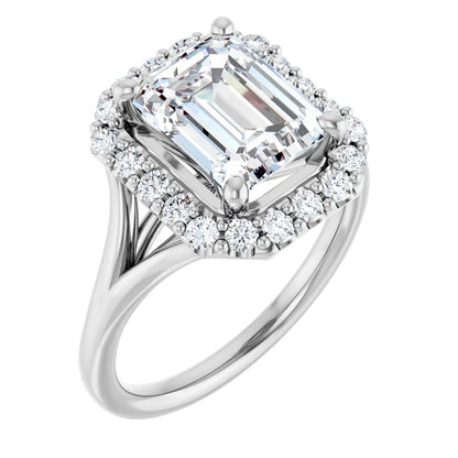Emerald White Gold Halo Solitaire Split Band Lab Diamond Engagement Ring 