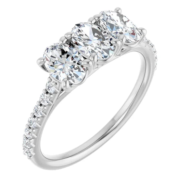 Oval White Gold Tri Stone Lab Diamonds Engagement Ring 