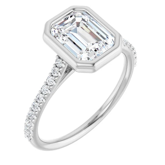 Emerald White Gold Bezel Pave Lab Diamond Engagement Ring 