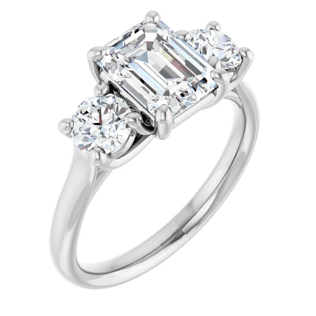 Emerald White Gold Tri Stone Lab Diamond Engagement Ring