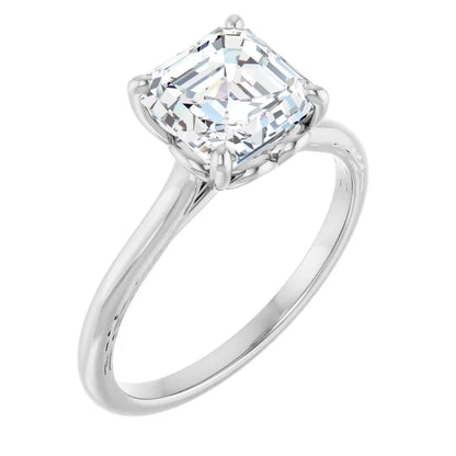 Asscher White Gold Four Claw Solitaire Lab Diamond Engagement Ring 