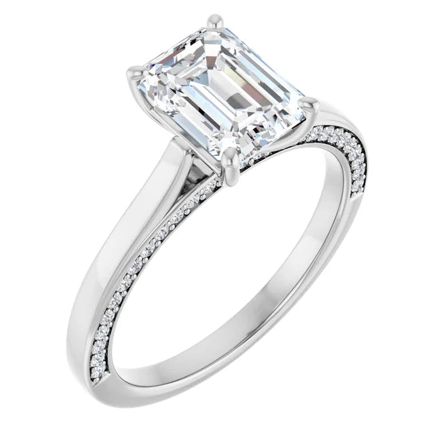 Emerald White Gold Solitaire & Hidden Diamond Band Engagement Ring