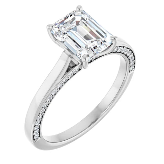 Emerald White Gold Solitaire & Hidden Diamond Band Engagement Ring