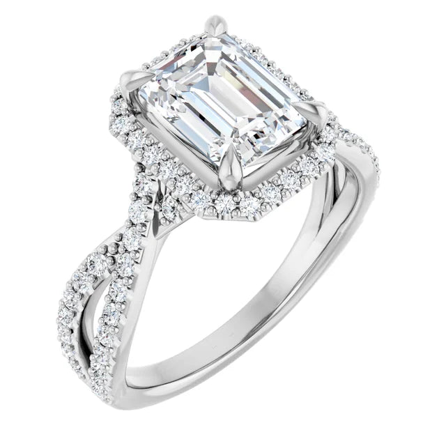 Emerald White Gold Twist Band Halo Lab Diamond Engagement Ring  