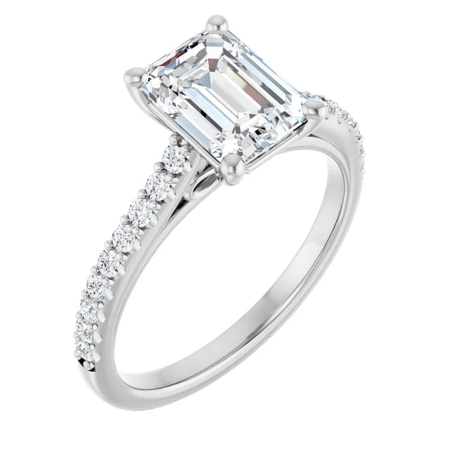 Emerald White Gold Pave Style Lab Diamond Engagement Ring 