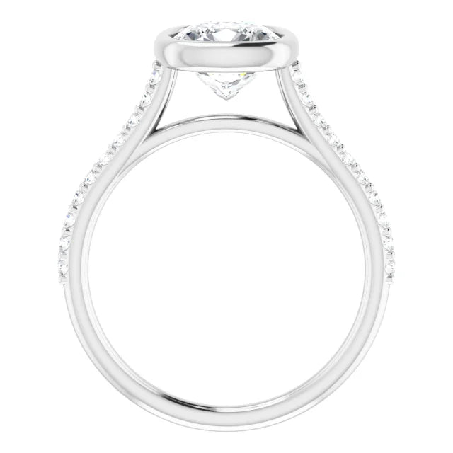 Cushion White Gold Bezel Pave Lab Diamond Engagement Ring 