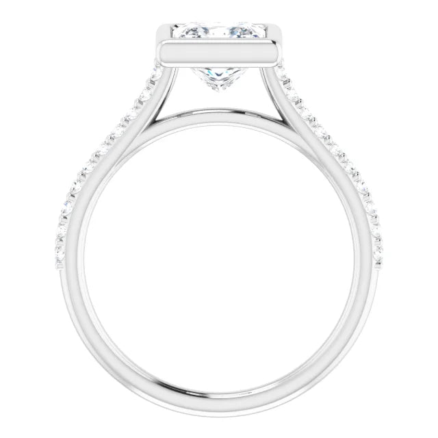 Princess White Gold Bezel Pave Lab Diamond Engagement Ring 