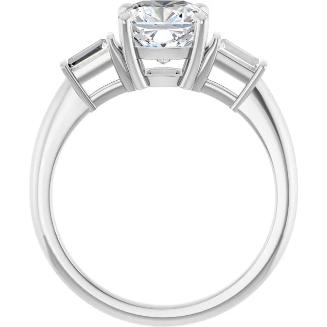 Cushion White Gold Baguette Accent Lab Diamond Engagement Ring 