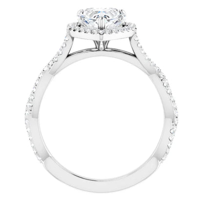 Heart White Gold Halo Twist Pave Moissanite Engagement Ring 