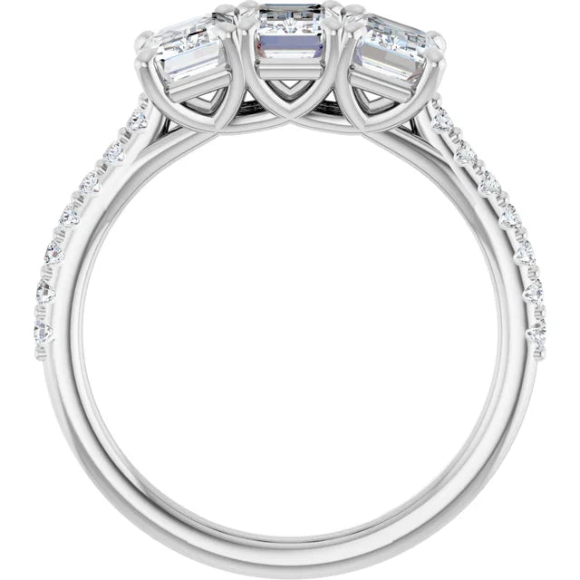 Emerald White Gold Tri Stone Lab Diamonds Engagement Ring 