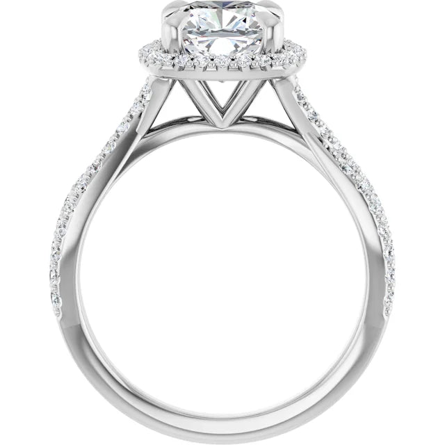 Cushion White Gold Twist Band Halo Lab Diamond Engagement Ring  
