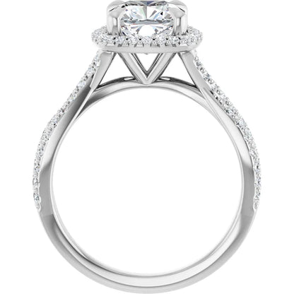 Cushion White Gold Twist Band Halo Lab Diamond Engagement Ring  
