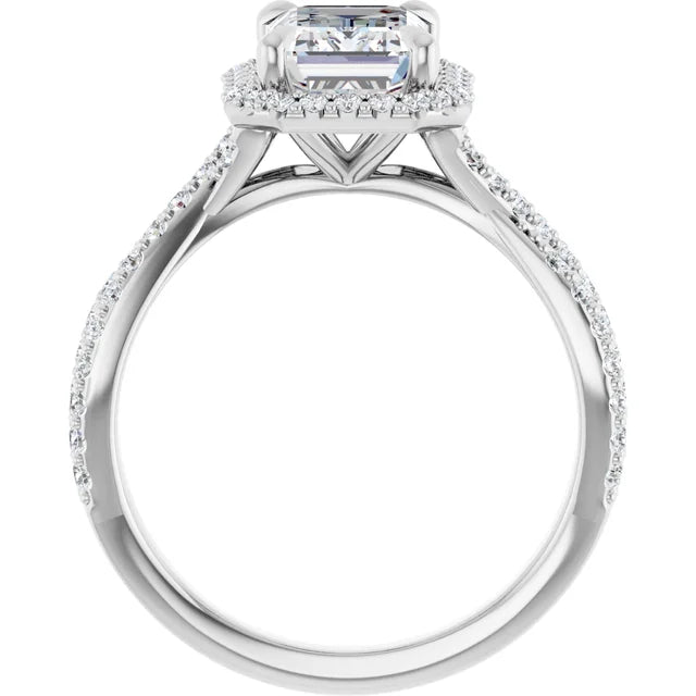 Emerald White Gold Twist Band Halo Lab Diamond Engagement Ring  