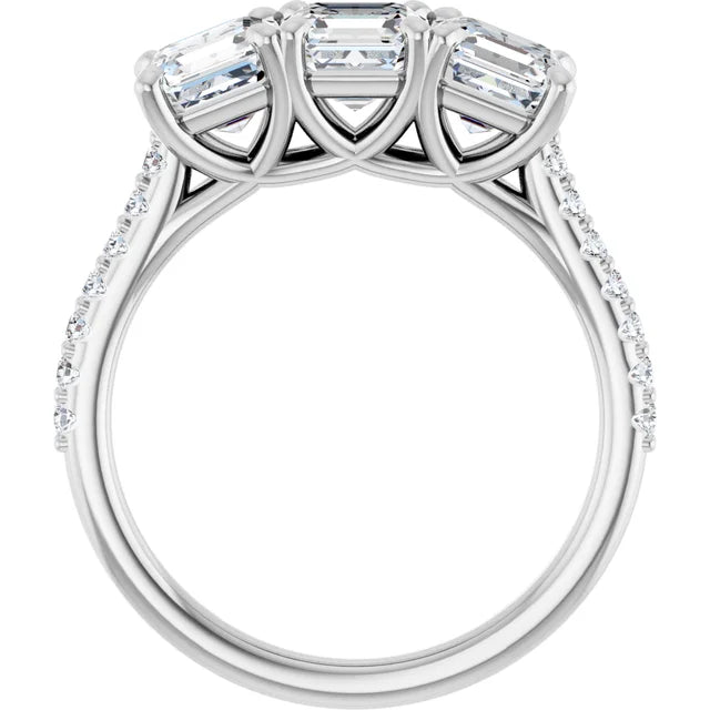 Asscher White Gold Tri Stone Lab Diamonds Engagement Ring 