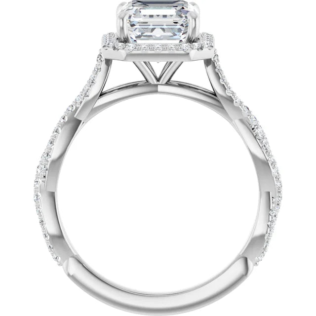 Asscher White Gold Halo Twist Pave Moissanite Engagement Ring 