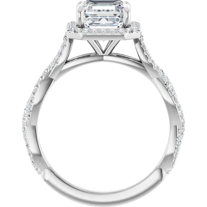 Asscher White Gold Halo Twist Pave Moissanite Engagement Ring 
