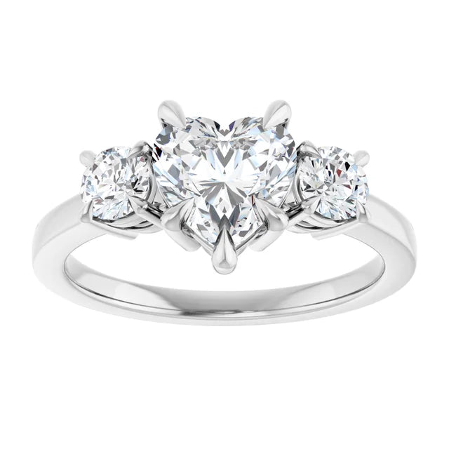 Heart White Gold Tri Stone Lab Diamond Engagement Ring 