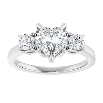Heart White Gold Tri Stone Lab Diamond Engagement Ring 