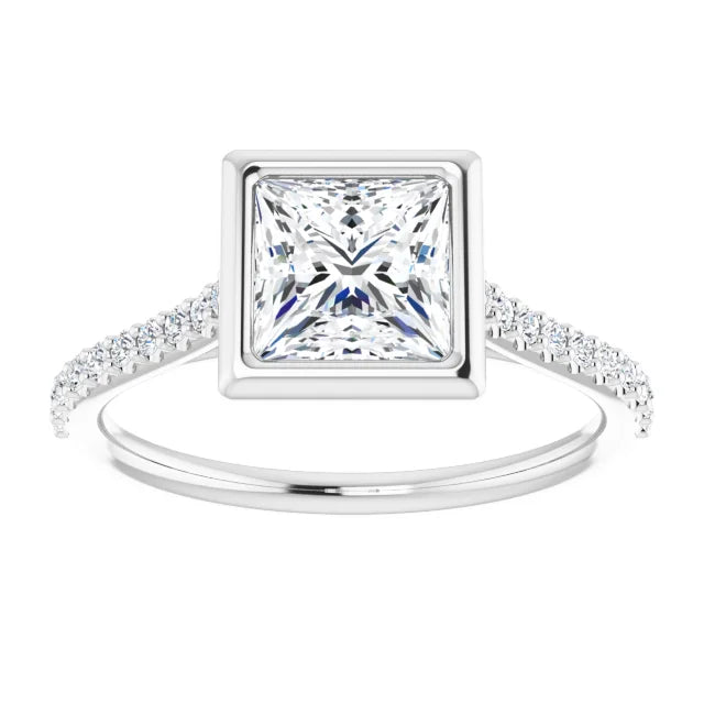 Princess White Gold Bezel Pave Lab Diamond Engagement Ring 