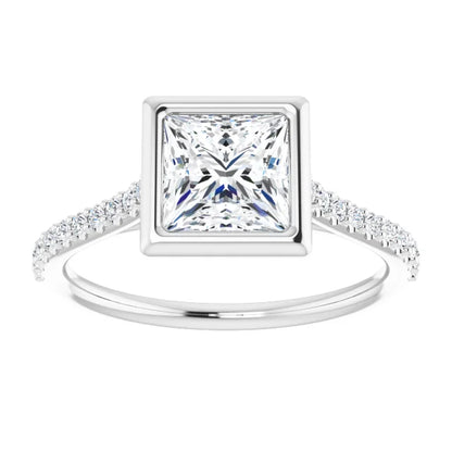 Princess White Gold Bezel Pave Lab Diamond Engagement Ring 