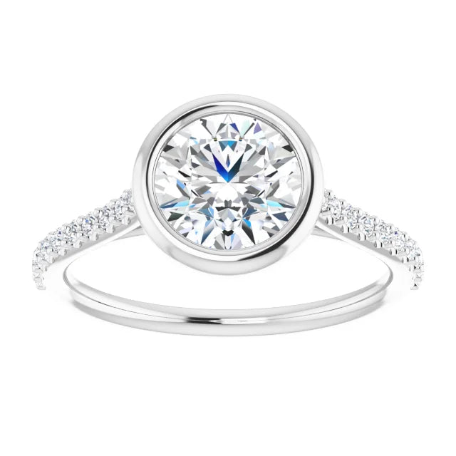 Round Brilliant White Gold Bezel Pave Lab Diamond Engagement Ring 