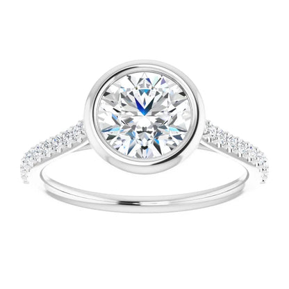 Round Brilliant White Gold Bezel Pave Lab Diamond Engagement Ring 