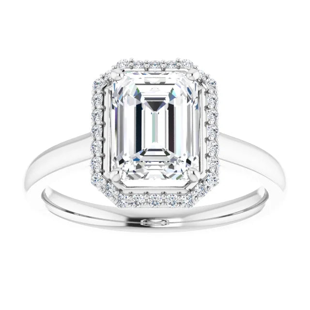 Emerald Halo Solitaire Lab Diamond Engagement Ring White Gold. 