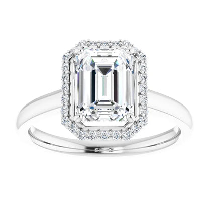 Emerald Halo Solitaire Lab Diamond Engagement Ring White Gold. 