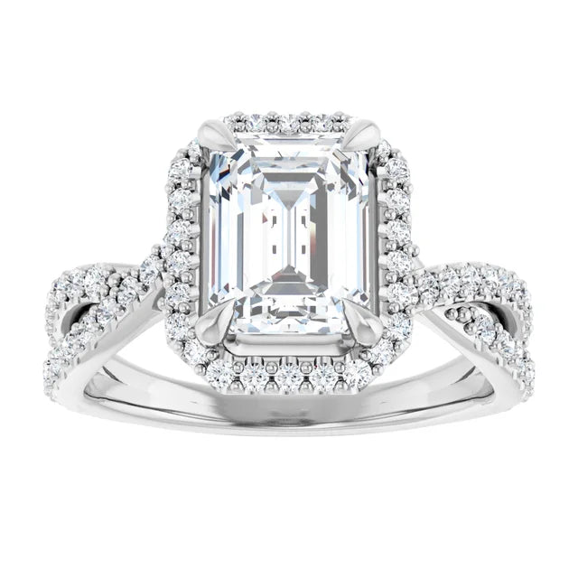 Emerald White Gold Twist Band Halo Lab Diamond Engagement Ring  